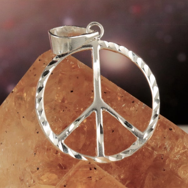 Silver peace pendant, 1 1/4" tall w/bail .925 Sterling Diamond cut 7/8" wide Peace & love 60"s hippie jewelry for women. Fast free shipping