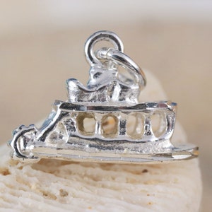 Silver River Steamboat charm, 1/4&quot; tall + 1/4&quot; bail .925 Sterling riverboat, 3-D, Diamond cut, free fast shipping, DIY charm bracelet