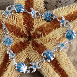 Silver sea life Bracelet, 7 5/8&quot; long .925 Sterling, Rhodium plated, blue Opal combo sea life jewelry w/ lobster claw fast free shipping