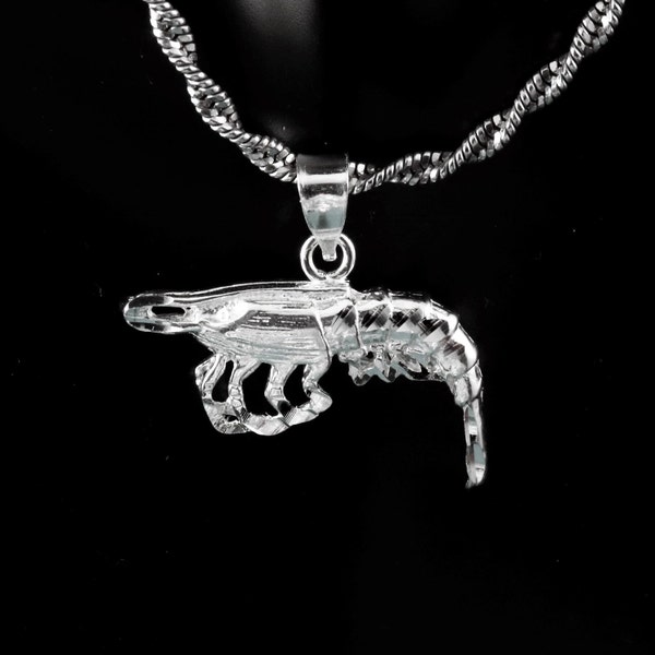 Silver shrimp charm. 1" long Diamond cut .925 Sterling prawn pendant, sea life jewelry, crustacean marine life gift Fast free shipping