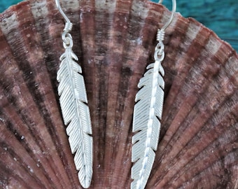 Silver feather earrings, 2" long w/wire, Diamond cut .925 Sterling feather dangle wire earrings feather jewelry gift, Fast free shipping.