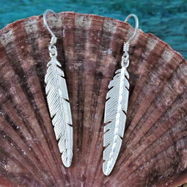Silver feather earrings, 2" long w/wire, Diamond cut .925 Sterling feather dangle wire earrings feather jewelry gift, Fast free shipping.