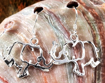 Sterling Silver, Diamond Cut, Elephant Dangle Earrings, 3/4" tall + 5/8" ear wire.