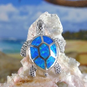 Sterling Silver, Rhodium plated, blue Opal Sea Turtle slide Pendant. 1" long.