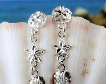 Pendientes colgantes de concha de plata, 1 5/16 "de largo .925 estrella de mar con corte de diamante de ley, vieira, dólar de arena Combo joyería envío rápido y gratuito