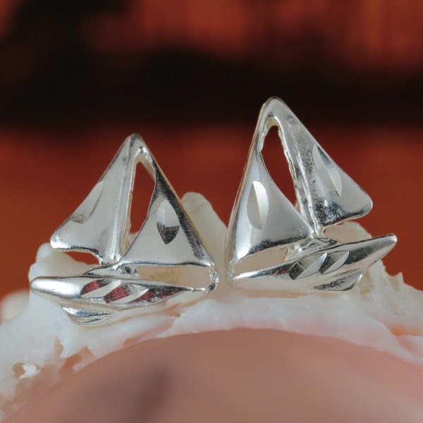 Silver Sailboat studs, 7/16" tall 925 Sterling Diamond cut sailboat post earrings, fast free shipping, boat jewelry nautical gift for her