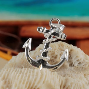 Silver Anchor pendant 1&quot; + 1/4&quot; tall bail Diamond cut .925 Sterling tangled rope anchor charm fast free shipping nautical