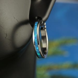 Silver Opal 20 mm Lever back Hoops .925 Sterling Rhodium finish. free fast shipping • Lightweight click back blue Opal hoop earrings