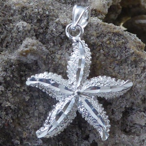 Silver Starfish Pendant, 1&quot;+ 1/4&quot; tall bail .925 Sterling sea life jewelry. Diamond cut sea star charm gift for women fast free shipping