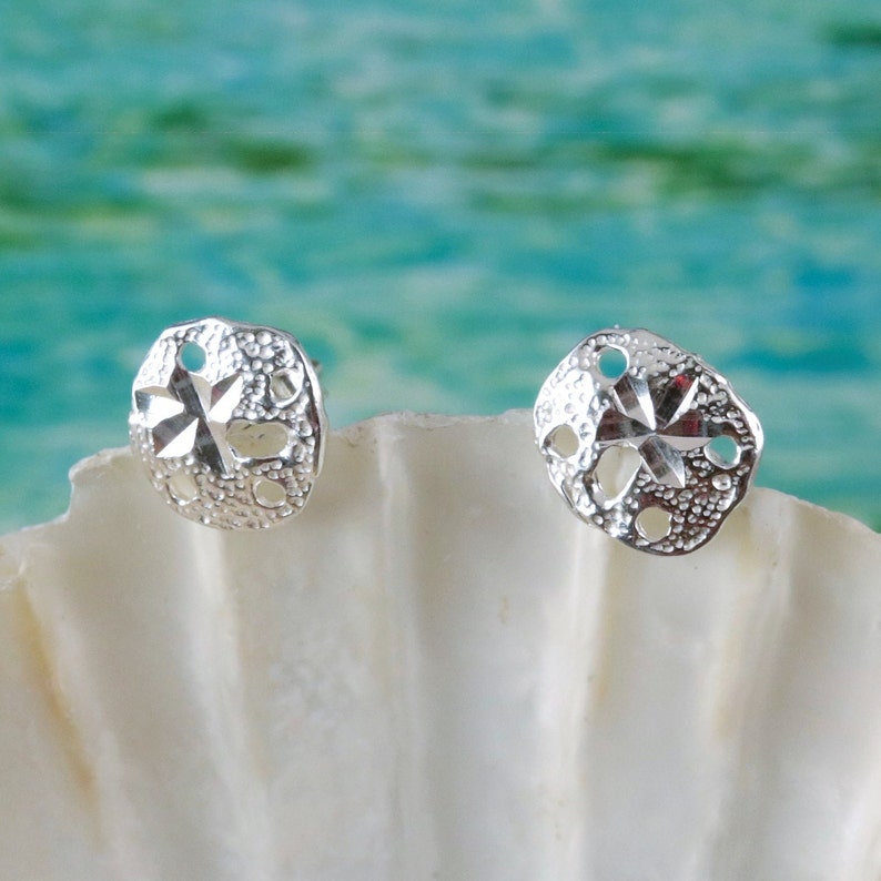Sand Dollar post earrings, 5/16 .925 Sterling Silver small Diamond cut studs, Sea life jewelry, Fast Free Shipping, gift for her image 3