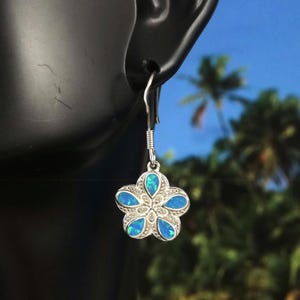 Silver Plumeria dangle Earrings 5/8&quot; + 5/8&quot; long wire .925 Sterling blue Opal Hawaiian flower Rhodium finish. Fast free shipping
