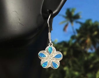 Sterling Silver Rhodium plated blue Opal Plumeria flower Hawaiian dangle Earrings 5/8" + 5/8" wire .925