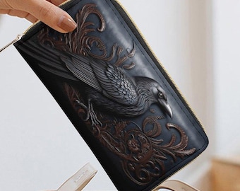 Gothic Crow Clutch Wallet: PU Leather Raven Wristlet