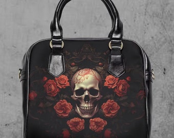 Bolso estilo bowler de piel sintética estilo gótico con calaveras y rosas.