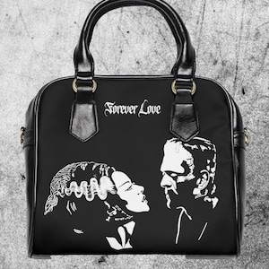 Frankenstein und Braut Geldbörse, Horror Geldbörse, Horror Fan Geschenk, Gruselige Umhängetasche, Goth Style Handtasche | Halloween Fashion, schwarze Geldbörse