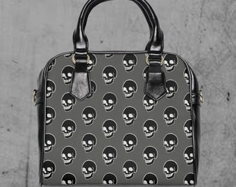 Goth Skulls Bowler Bag: Dark Gothic PU Leather Handbag