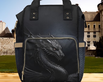 Black Dragon Diaper Backpack – Gothic Baby Bag, Dark Fantasy Nursery Gift