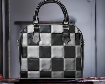 Checkered Shoulder Bag, Black White Handbag, Checkered Purse