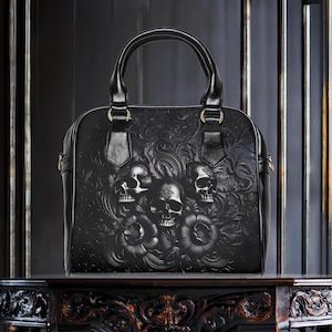 Bolso de hombro con calaveras y flores, bolso gótico con flores, bolso cruzado, bolso cruzado del Día de los Muertos, bolso de mano de Halloween, bolso de mano con calaveras para mujer