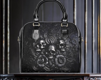 Skulls and Flowers PU Leather Handbag, Gothic Crossbody Tote