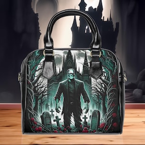 Frankenstein op een kerkhof ontwerp handtas schouder, gotische tas, halloween-portemonnee, griezelige draagtas, horror-handtas, monsterschoudertas