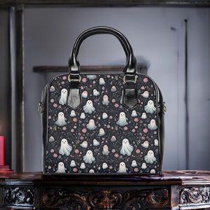 Ghost with Flowers Black Purse, Shoulder Handbag, Crossbody Bag, Gothic Floral Tote, Spooky Purse, Halloween Handbag, Creepy Shoulder Bag