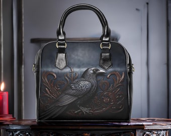 Gothic Crow Shoulder Bag: Vegan Leather Raven Print Purse
