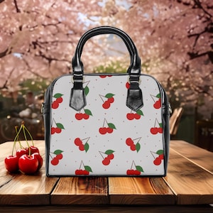 Cherry Print Shoulder Bag, Red Fruit Tote, Women&#39;s Crossbody Purse, Floral Messenger Bag, Cute Cherry Pattern Handbag