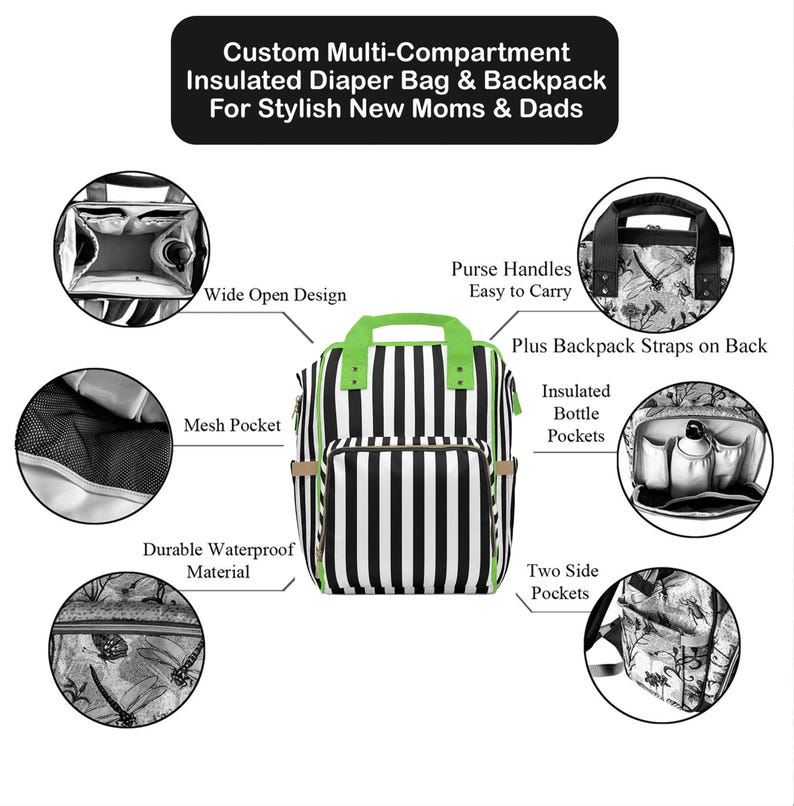 Striped Nylon Diaper Backpack, Baby Goth Nappy Bag image 8