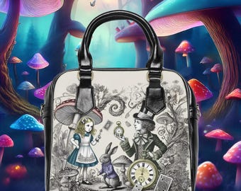 Bolso de Alicia en el País de las Maravillas, bolso de mano con temática de fantasía, clutch del Sombrerero Loco