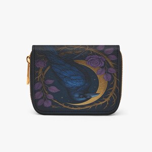 Moon Raven Wallet, Gothic Crow Wallet, Celestial Bird Coin Purse, Dark Academia Wallet, Witchy Zip Around Card Holder, Purple Rose Raven