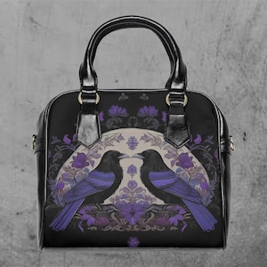 Gothic Purple  Raven Crossbody Purse, Witchy Violet Ravens Handbag, Goth Girl Gift, Vegan Leather Crow Purse, Spooky Halloween Accessory