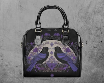Gothic Purple Raven Crossbody Purse: Vegan Leather Handbag