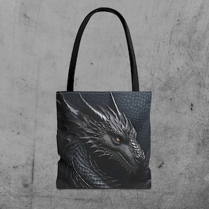 Black Dragon Tote Bag - Gothic Fantasy Reusable Shoulder Bag, Canvas Shopper, Unique Art Print Purse, Eco-Friendly Grocery Bag, Carryall
