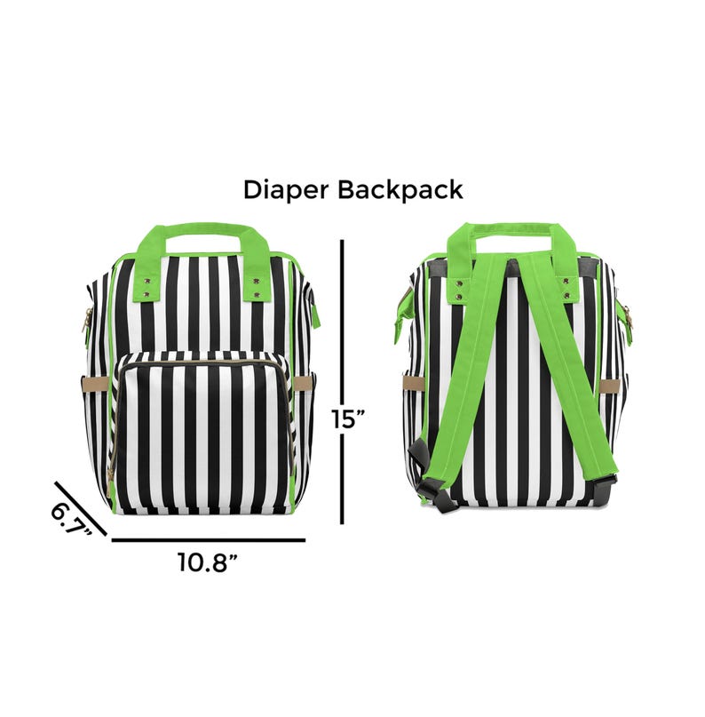 Puede incluir: Mochila para pa&ntilde;ales a rayas blancas y negras con correas verdes. La mochila mide 38 cm de alto, 27 cm de ancho y 17 cm de profundidad.