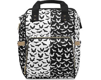Gothic Bat Diaper Backpack, Black & White Nylon Baby Bag