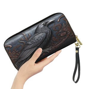 Cartera de mano con diseño de cuervo gótico, bolso de mano de piel sintética con diseño de cuervo, bolso de mano con estética oscura, cartera con diseño de cuervo oculto, accesorio de bolso con diseño de cuervo a juego.