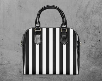 Striped Handbag, Black and White Goth Shoulder Bag