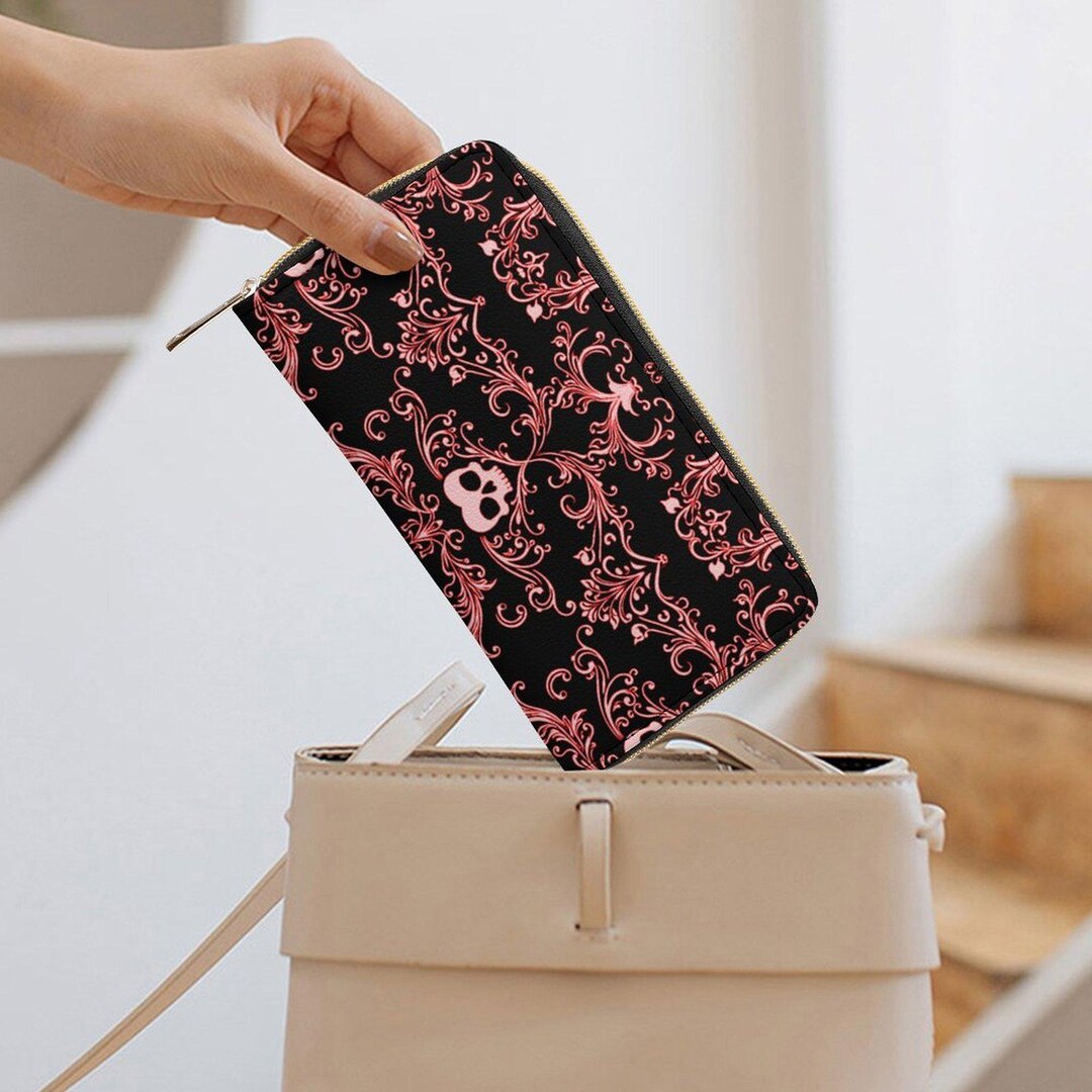 Pink Gothic Skull Damask Wallet, Pastel Goth Zipper Purse, Alternative ...