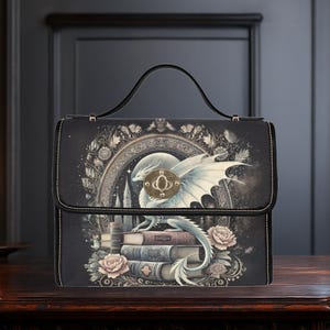 Dragon Satchel Purse – Gothic Fantasy Handbag with Books & Roses | Witchy Dark Academia Bag