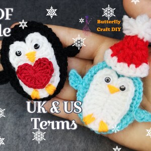 May include: Two crocheted penguin ornaments, one black and white with a red heart, the other blue and white with a red Santa hat. The text "PDF file" and "UK & US Terms" is visible in the image.