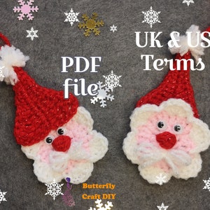 May include: Two handmade crochet Santa Claus ornaments with red hats and white beards. The ornaments have googly eyes and red noses. The background is gray with snowflake and star decorations. Text on the image says "PDF file" and "UK & US Terms".