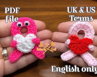PDF Pattern Crochet Pocket Hug Pink Ribbon with heart // Crochet breast cancer AWARENESS RIBBON Pattern