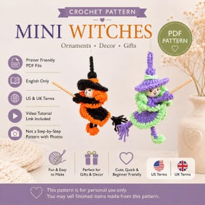 May include: A crochet pattern for mini witch ornaments featuring two small dolls on broomsticks. One witch wears a black and orange outfit, the other wears purple and green. The text reads Crochet Pattern Mini Witches Ornaments Decor Gifts.
