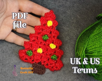 May include: A red crocheted Christmas tree ornament with green and yellow accents. The ornament is made with a granny square pattern. The image also shows a ball of green yarn and the text "PDF file" and "UK & US Terms".