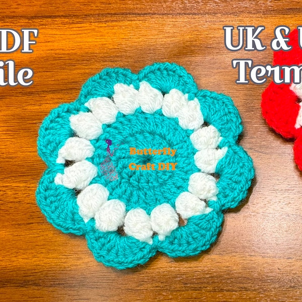 Crochet Popcorn Coasters Pattern, Easy crochet PDF pattern for Beginner, Home Decor step by step Crochet Tutorial, Crochet Floral coaster