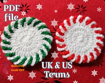 PDF Pattern Crochet Christmas Coaster, Christmas Peppermint Coaster Pattern spiral crochet coasters  Crochet candy cane coaster