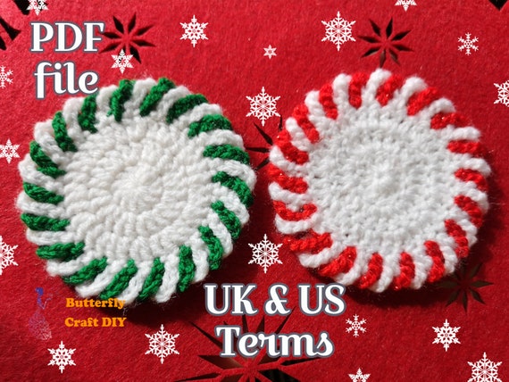 PDF Pattern Crochet Christmas Coaster, Christmas Peppermint Coaster Pattern spiral crochet coasters  Crochet candy cane coaster