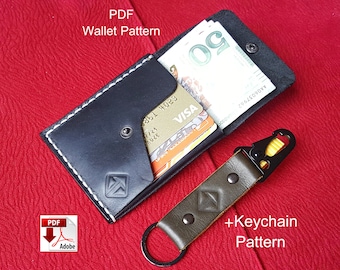 May include: A black leather wallet with a white stitch pattern and a card slot. The wallet is open and contains cash and credit cards. A green leather keychain with a metal ring and a carabiner clip is also shown. The text "PDF Wallet Pattern" and "+Keychain Pattern" is visible in the image.