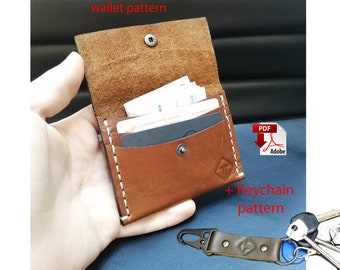 May include: A brown leather wallet with a white stitch detail and a metal snap closure. The wallet is open and shows a black card holder and several bills inside. The image also shows a brown leather keychain with a metal hook and a metal snap closure. The keychain has a small triangle logo on it. The text "wallet pattern" and "keychain pattern" are visible in the image. The text "PDF" and "Adobe" are also visible in the image.